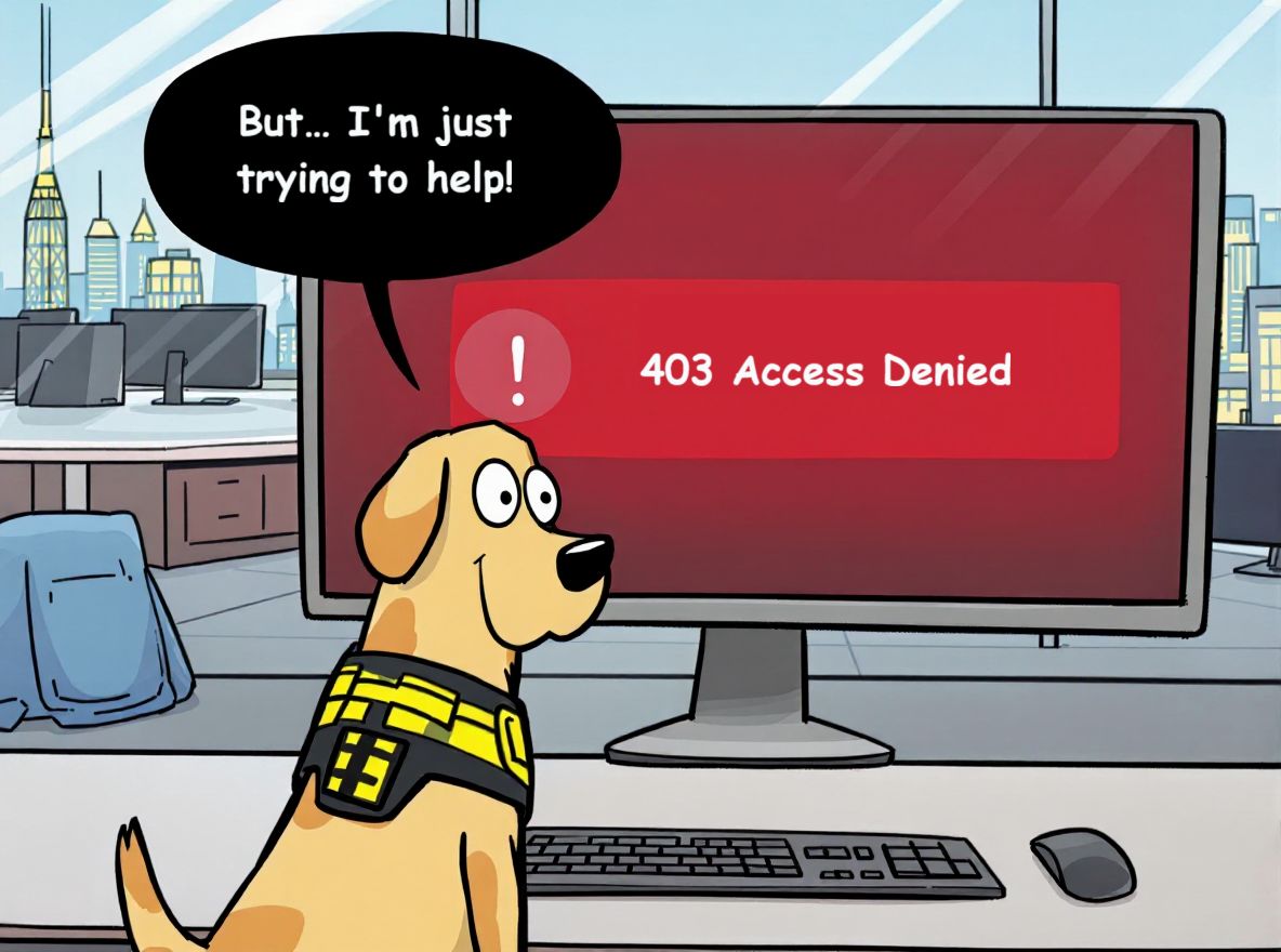 An assistance dog facing a 403 error on a computer